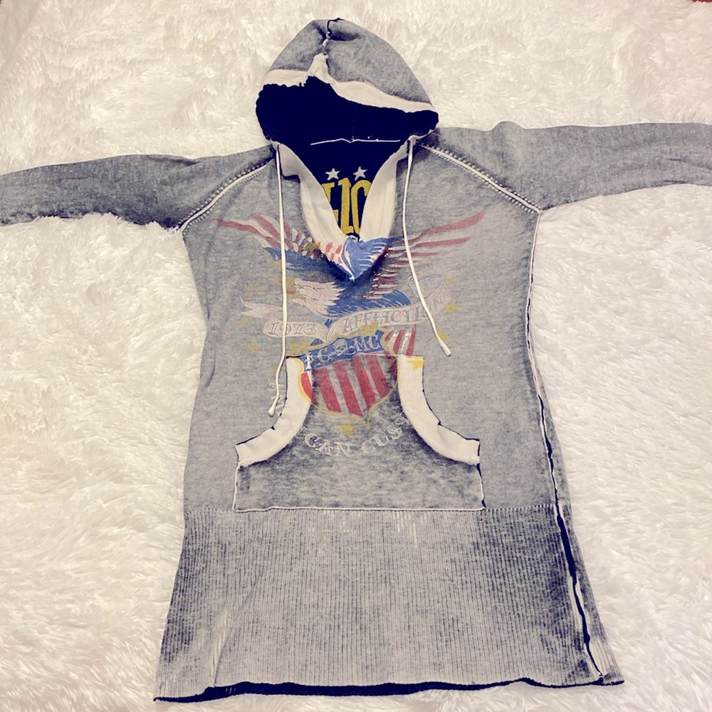 NEW AFFLICTION HOODED POCKET SWEATER DRESS / TUNIC REVERSIBLE GRAY BLACK SZ M